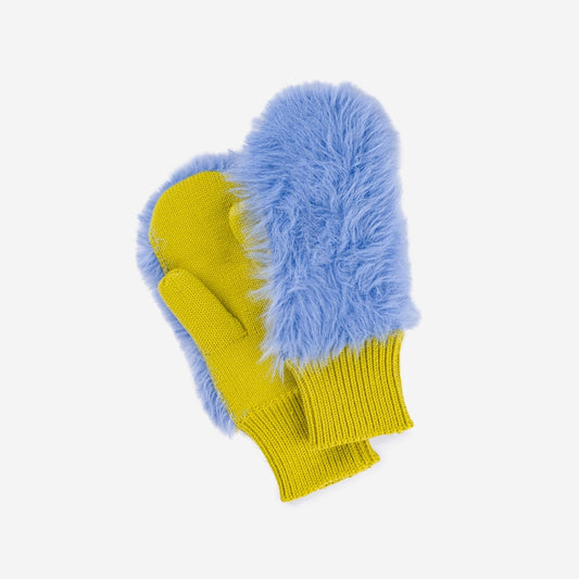 Verloop: Faux Fur Knit Mittens - Periwinkle/Golden Olive