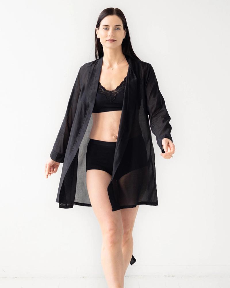 Salua: Silk Short Sleeve Robe - Black