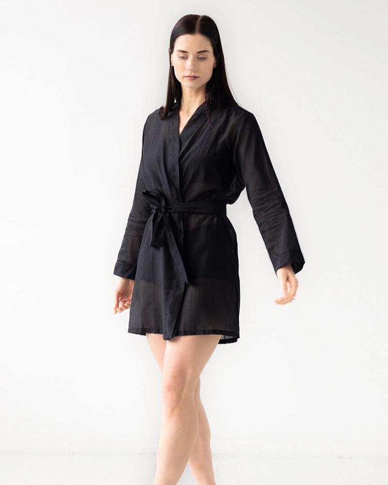 Salua: Silk Short Sleeve Robe - Black