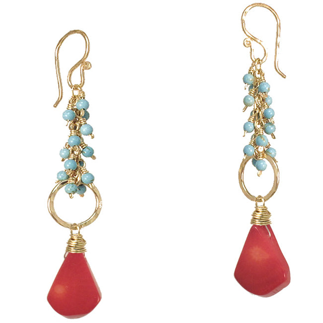 Calico Juno: Mod Coral + Turquoise Drop Earrings